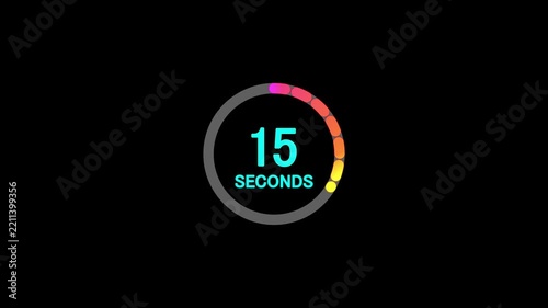 Stylish 15 seconds animation lights colors and circle animation countdown timer on black bg. Circle shaped smooth animated indicator. Gradient 15 second on black background.