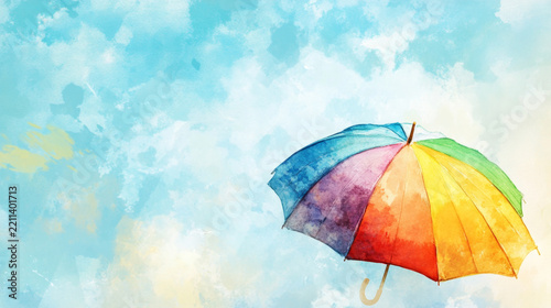 Colorful Umbrella in Watercolor Sky Background