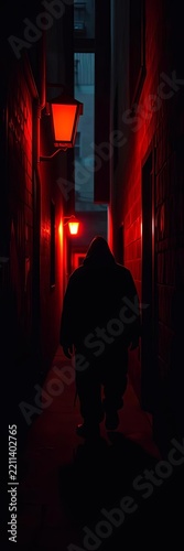 Shadowy figure lurking in dimly lit alleyway, hint of movement, urban environment, apprehension