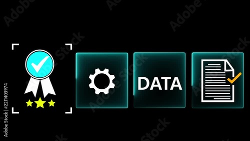 DATA Certification, Quality Assurance and Compliance Management Concept with Approved Document and Certification Badge Animation of 4k Motion Graphics Concept..