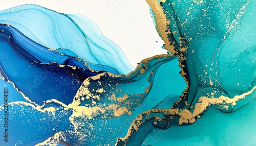 Dynamic flow of shimmering gold amidst deep blues and tranquil teals, an exquisite abstract artwork capturing fluid motion and opulent beauty