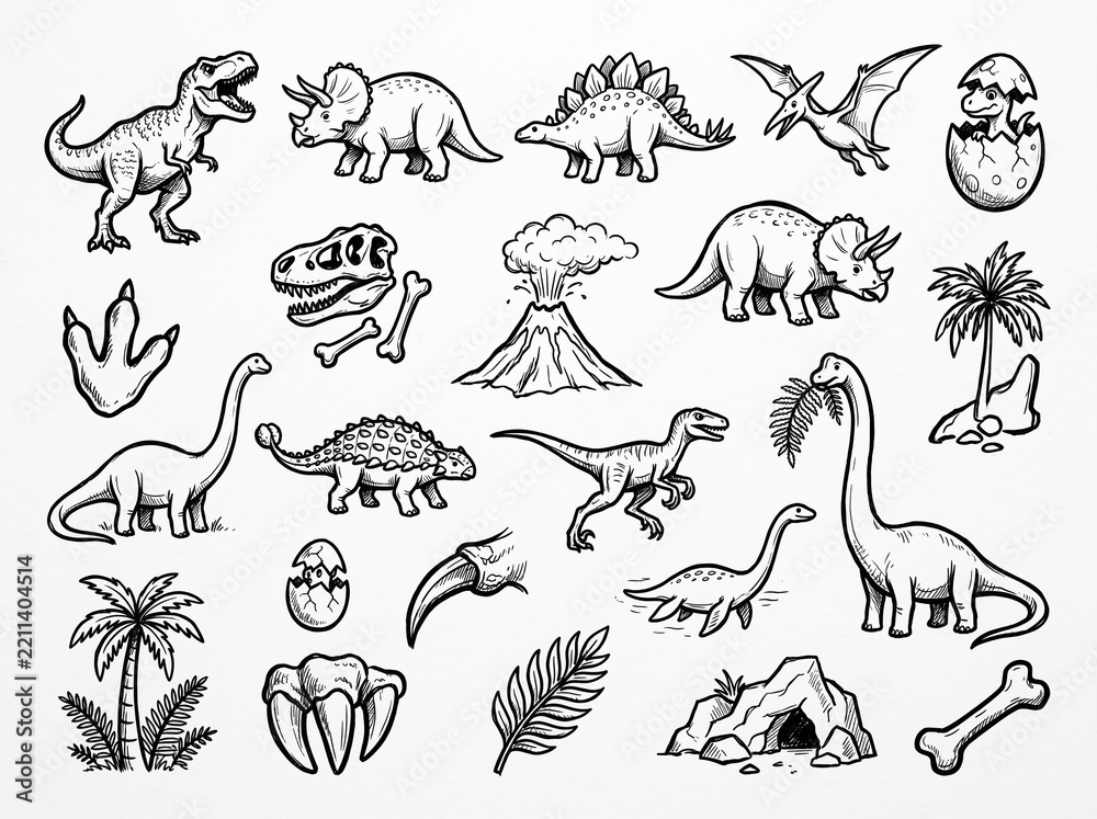 Obraz premium Dinosaur Doodle Icons Set, Hand Drawn Sketch Collection with Various Dinosaurs and Volcano Symbols for Kids Education and Prehistoric Design