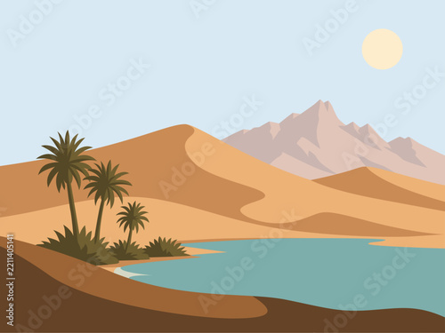 Minimalist Desert Oasis and Sand Dunes Landscape Illustration