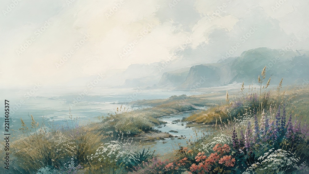 Obraz premium Misty coastal landscape wallpaper with wildflowers and tidal stream