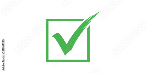 Green tick mark inside square border for success approval concept.