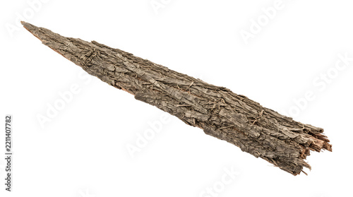 A single piece of textured dark tree bark a plain white , isolated on transparent background png .