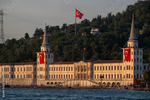 Kuleli military high school building with turkish flags along the bosphorus strait, reflecting national pride and historical education