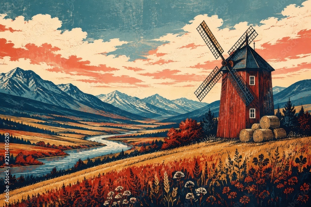 Obraz premium Vintage windmill overlooking autumn valley and mountain river