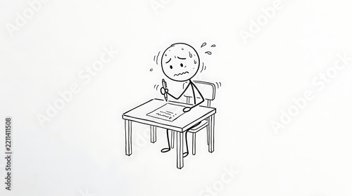 Hand Drawn Stick Figure Character Sitting at a Desk Feeling Anxious and Stressed While Taking an Exam or Writing on Paper, Concept Doodle Illustration Representing Pressure and Test Anxiety