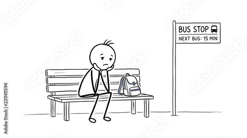 Sad and bored stickman character sitting on a wooden bench at a bus stop with a backpack, waiting for the next bus scheduled in fifteen minutes, concept of public transport delay and patience.