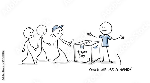 Stickman Character Asking Colleagues for Help to Move a Heavy Box Illustration Highlighting Teamwork, Collaboration, and Mutual Assistance in a Workplace Setting with a Friendly Call to Action.