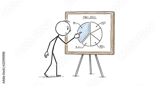 Minimalist Stick Figure Illustration of a Businessman Scrutinizing a Pie Chart Data Report on a Whiteboard Easel, Concept for Business Analysis, Financial Audit, and Statistics Presentation
