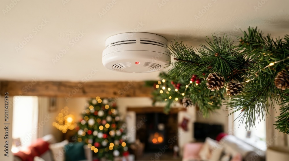 Obraz premium A close up of a white smoke detector mounted on a white ceiling with a Christmas garland decorated with pinecones and fairy lights hanging nearby, with a festive living room blurred in the