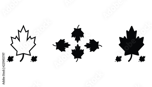 Maple Leaf Icons Set – Canadian Autumn Foliage Black Silhouette Vector Illustration