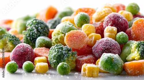 A mixture of colorful frozen vegetables covered in ice crystals on a white background