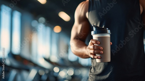 Muscular man holding a protein shaker bottle in a gym setting for post workout recovery