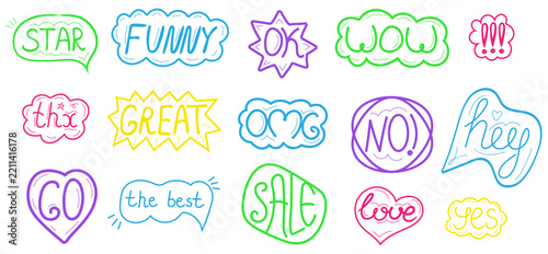 Hand drawn colorful speech bubbles with words like star, funny, ok, wow, thx, great, omg, no, hey, go, the best, sale, love, yes. Vector comic doodles stickers isolated on white background.