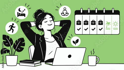 Illustration of a relaxed professional enjoying a four-day work week with a laptop, calendar, and wellness symbols at a desk.