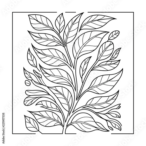 Detailed floral ornament with linear leaves and stems black and white