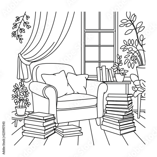 Line drawing of a cozy reading nook with books and plants
