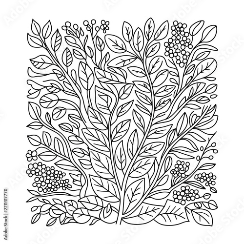 Floral ornament with leaves and berries black and white vector illustration