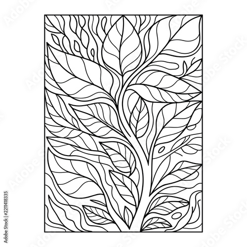 Intricate tree with foliage a black and white vector illustration
