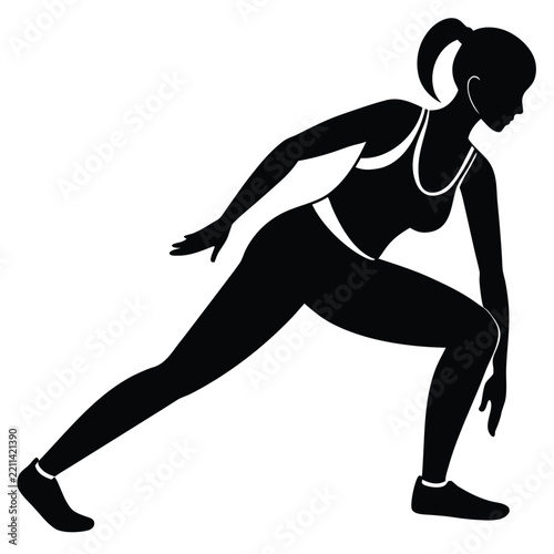 A strong black silhouette of a woman in athletic attire is performing a deep lunge, showcasing fitness, flexibility, and a dedicated workout routine.