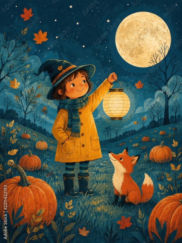 Fototapeta premium Whimsical autumn child with lantern, fox, pumpkins, moonlit forest