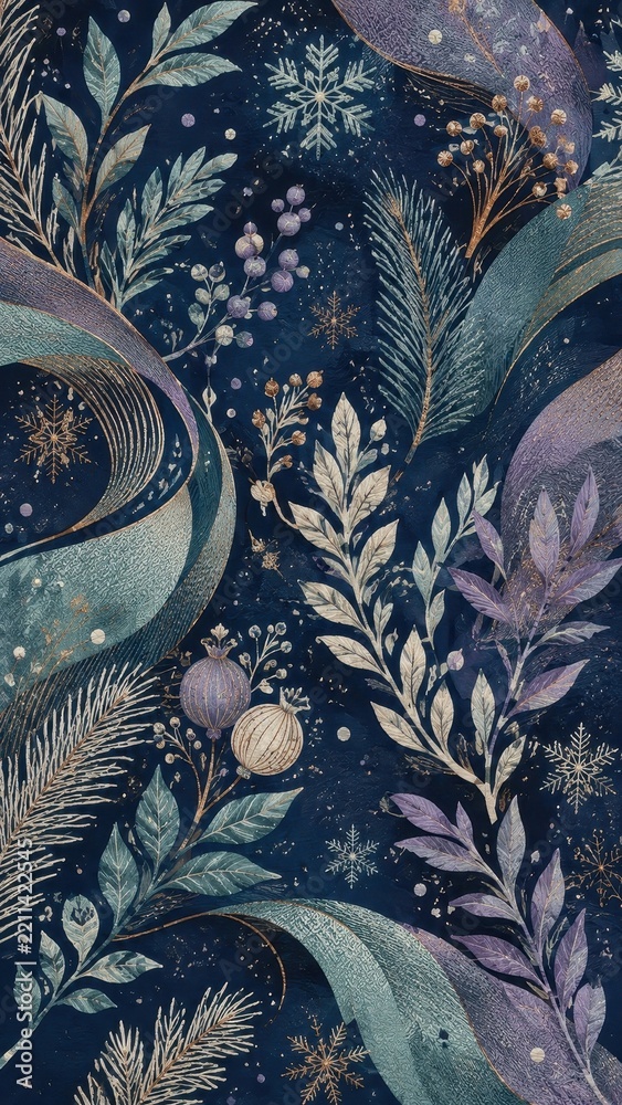 Fototapeta premium Botanical winter night mobile wallpaper with snowflakes and foliage
