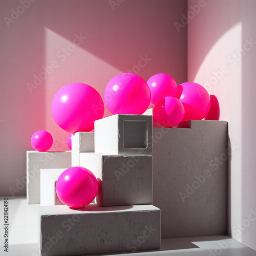 neo-brutalist 3D geometric abstract raw concrete blocks vibrant neon pink plastic spheres harsh directional light bold high-contrast spatial composition