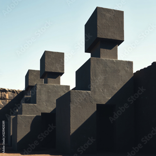 brutalist geometric monoliths dark basalt blocks stacked in asymmetrical balance sharp directional sunlight deep shadows