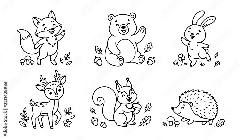 Obraz premium Cute baby forest animals linear outline vector clipart set for children