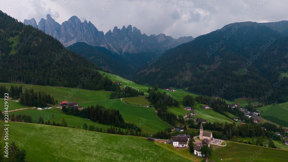 Obraz premium View of Val di Funes with the Chruch of Santa Maddalena in the Dolomites Mountains. Italy 