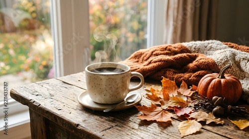 Cozy autumn scene with a warm cup of coffee and decorative pumpkins on a rustic wooden table by window