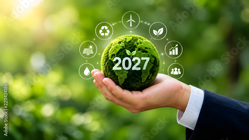2027 Sustainable Business Concept with Green Planet and Environmental Icons