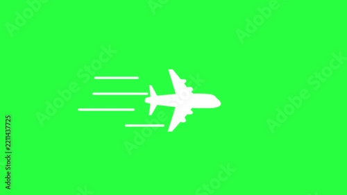 White airplane vector icon with speed motion trails on Green background representing fast flight transport, air travel delivery, aviation logistics, vacation flight, international shipping, and modern