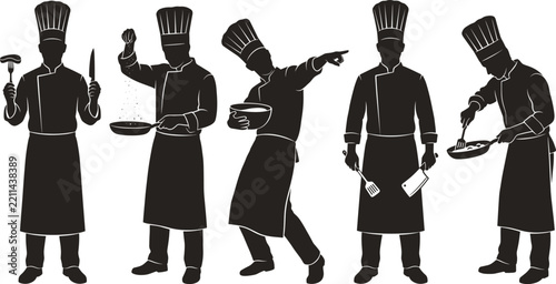 Professional chef silhouettes cooking collection, restaurant masters holding kitchen utensils, culinary experts icons for gastronomy banner design,