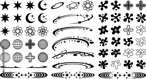 Retro futuristic Y2K graphic design elements, black brutalist starburst shapes, cosmic planet orbit swashes, trendy aesthetic sticker pack signs