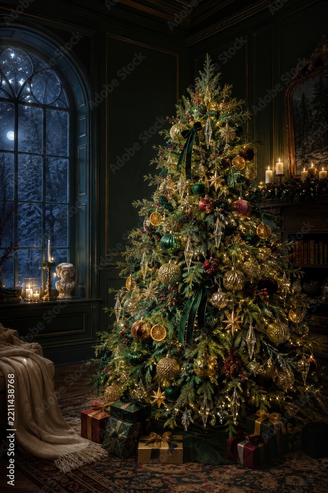 Fototapeta premium Elegant Christmas tree glowing inside a dark vintage mansion
