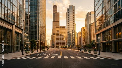 Urban Streetscape at Sunset: Modern Skyscrapers and Empty Road