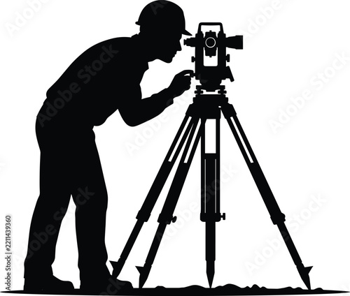 Silhouette of land surveyor engineer working with total station measuring equipment on tripod, construction site development illustration