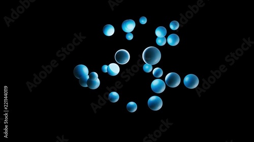 3D Abstract Blue Spheres Levitating and Floating on Black Background, Seamless looping