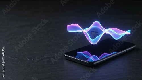 Futuristic Digital Sound Wave Visualizer Above a Smartphone Screen, AI Audio Technology Concept