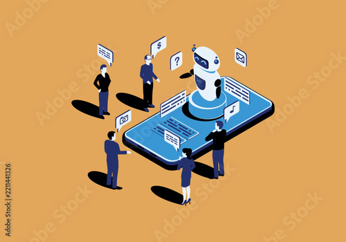 Isometric AI Mobile Assistant Vector Illustration - Chatbot Application on Smartphone with Business People Communicating via Speech Bubbles on Orange Background