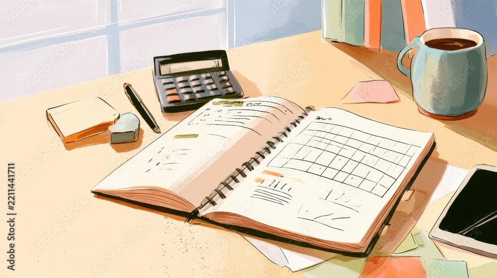 Obraz premium Soft-toned digital illustration of a budget tracker spread featuring budgeting sections, category charts, and notes