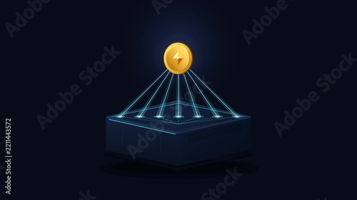 A futuristic isometric neon device projects a glowing gold coin through converging energy beams, representing digital finance, wealth, rewards, fintech technology, and value generation.