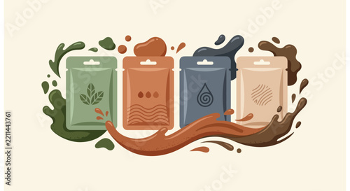 Minimalist Product Pouch Packaging Illustration with Liquid Splashes and Organic Icons