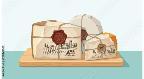 Artisan Cheese Blocks with Vintage Packaging and Wax Seals on Wooden Board