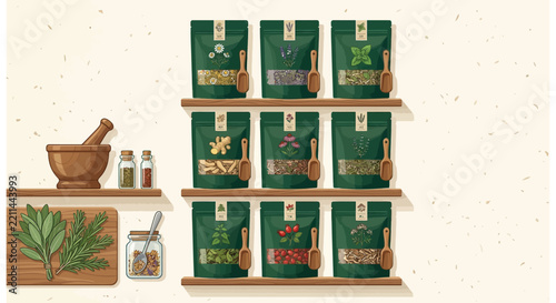Herbal Tea and Botanical Ingredient Illustration on Wooden Shelves