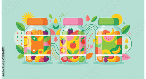Abstract Vector Illustration of Three Organic Fruit Juice Jars with Colorful Summer Fruits